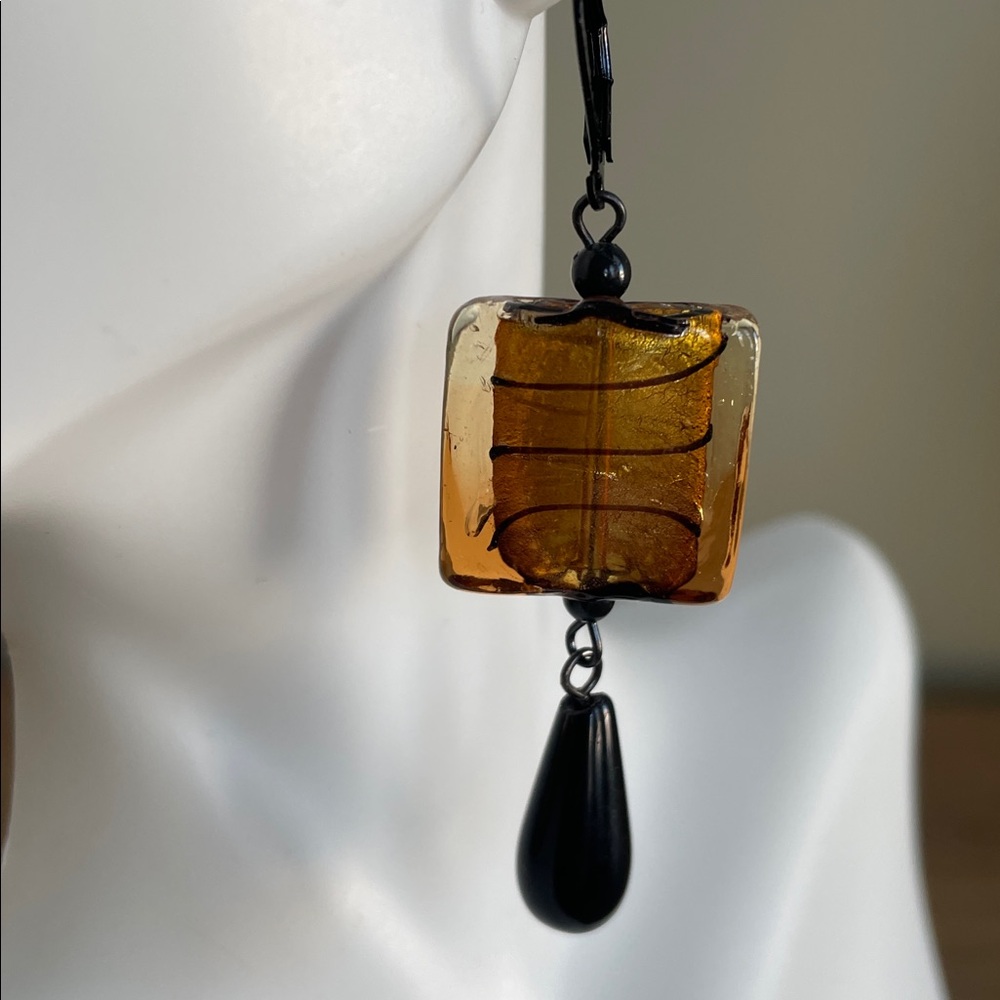 HAND CRAFTED DROP EARRINGS Clear Foil-lined Amber Glass Black Onyx Teardrops